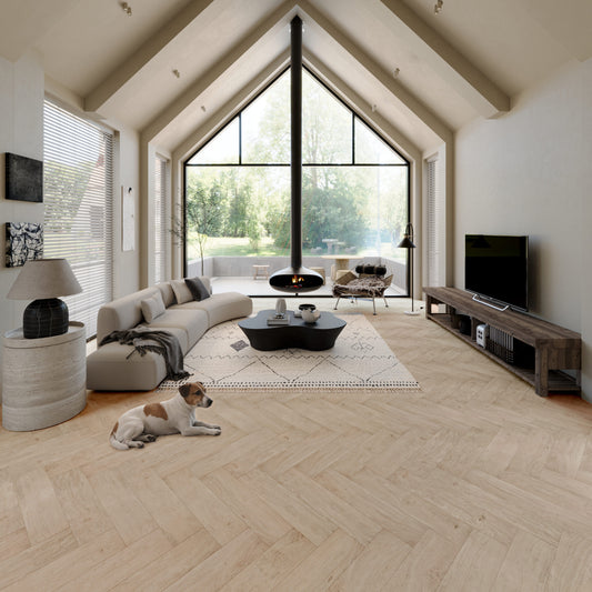 Neptune Harbour Mist Oak SPC herringbone flooring in a room setting