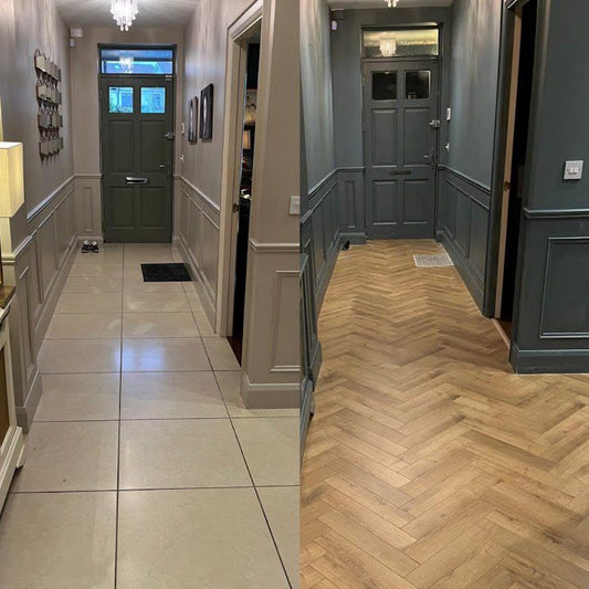 Before and after hallway transformation from plain tile to herringbone oak flooring