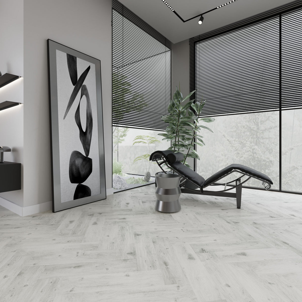 Neptune Silver Stream Oak SPC herringbone flooring in a room setting