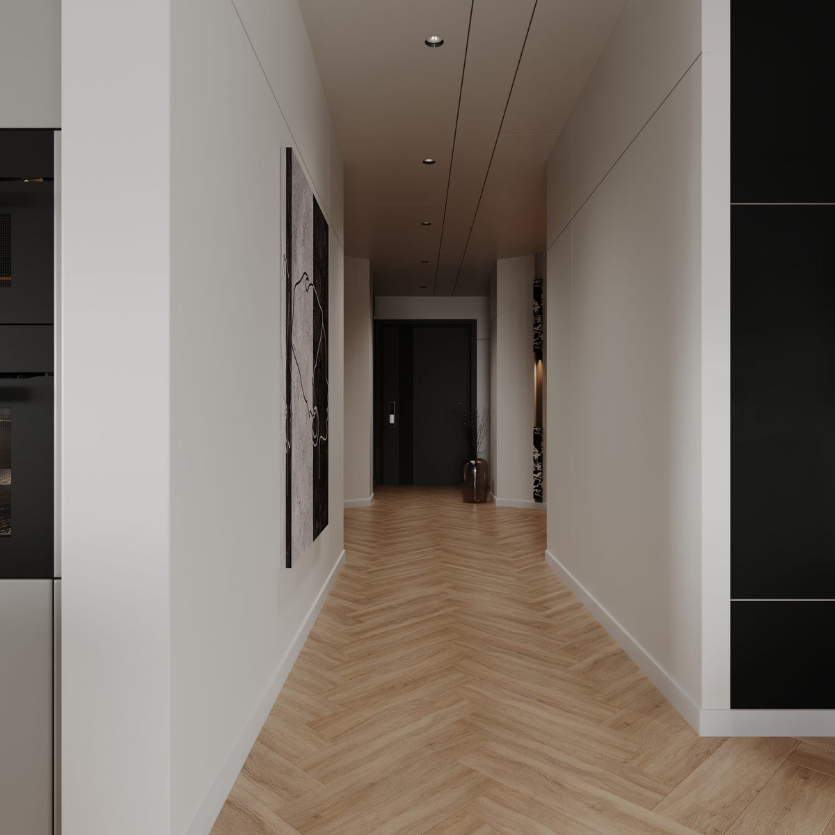Neptune Lagoon Sand Oak SPC herringbone flooring in a room setting