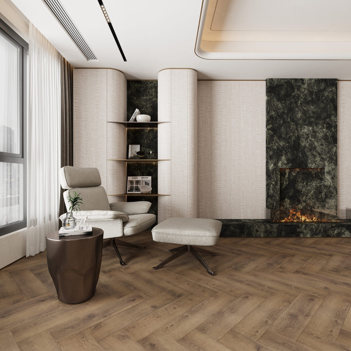 Neptune Coastal Drift Oak SPC herringbone flooring in a room setting