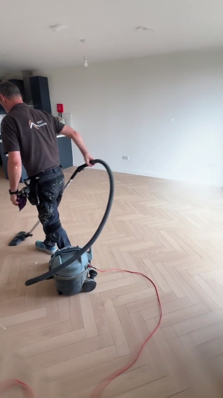 Before and after: bare subfloor to Barrow Oak herringbone, fitted by Kidd Flooring
