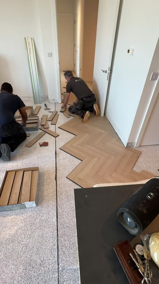 Barrow Oak herringbone being fitted by Kidd Flooring in a Dublin apartment