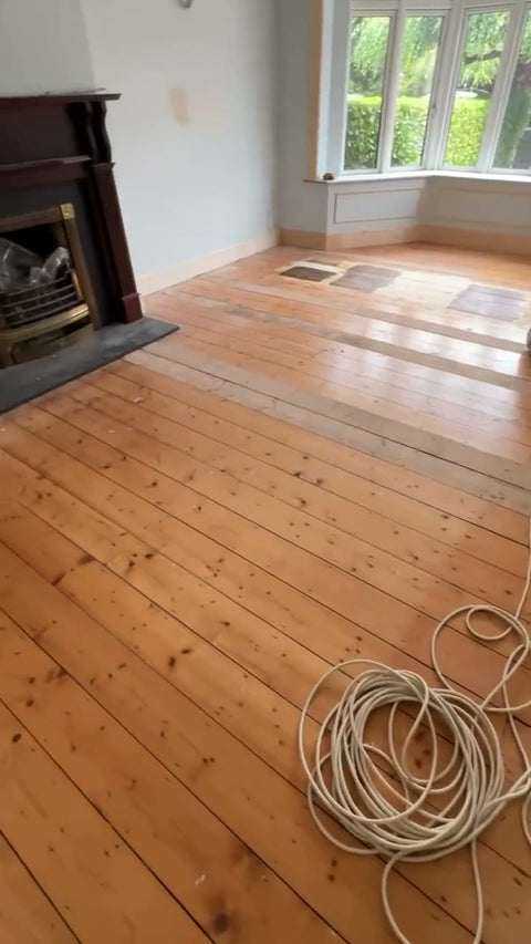 Original deal floorboards found under carpet, repaired, sanded and refinished by Kidd Flooring