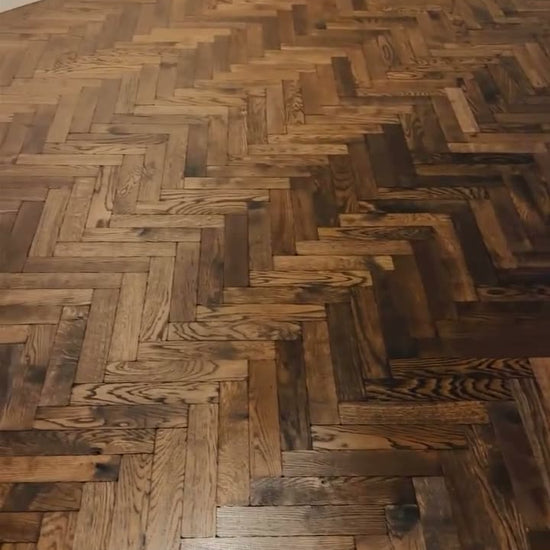 White Oak Tumbled herringbone, double smoked and oiled, fitted by Kidd Flooring